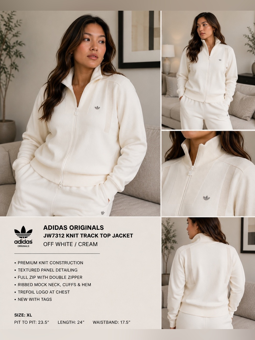 adidas Originals JW7312 Knit Track Top Jacket Off White XL Full Zip NWT